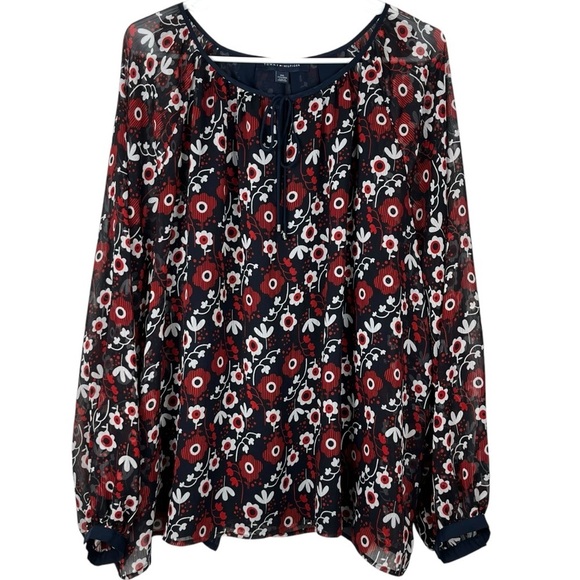 NWOT Tommy Hilfiger Red & Navy Blue Sheer Floral Blouse Size XXL - Picture 4 of 14